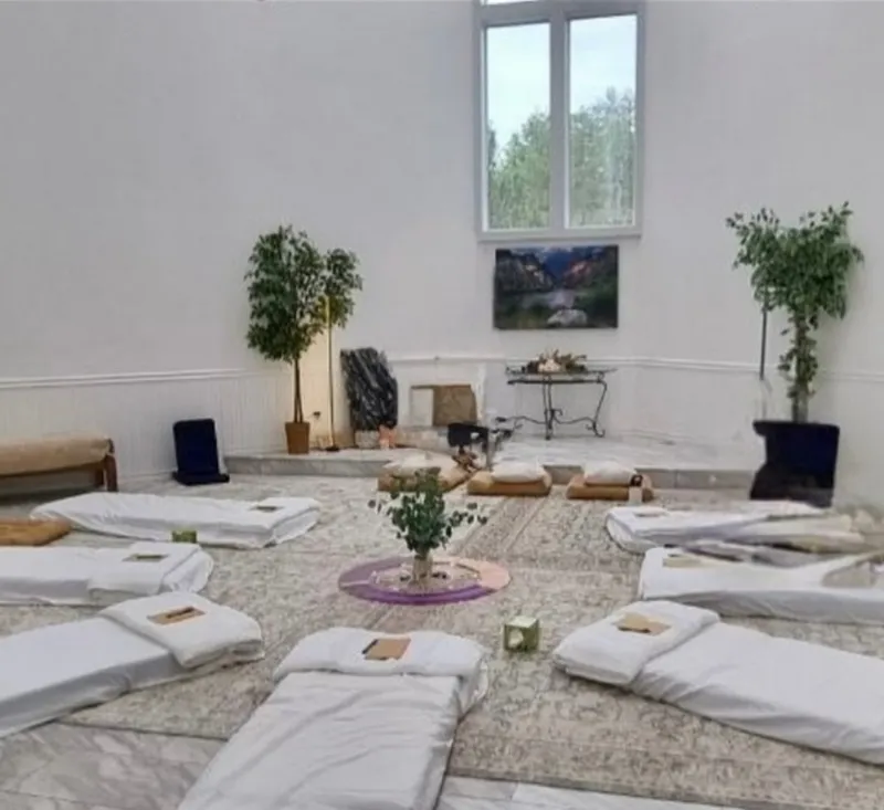 A white room with mats set in a circle and two plants