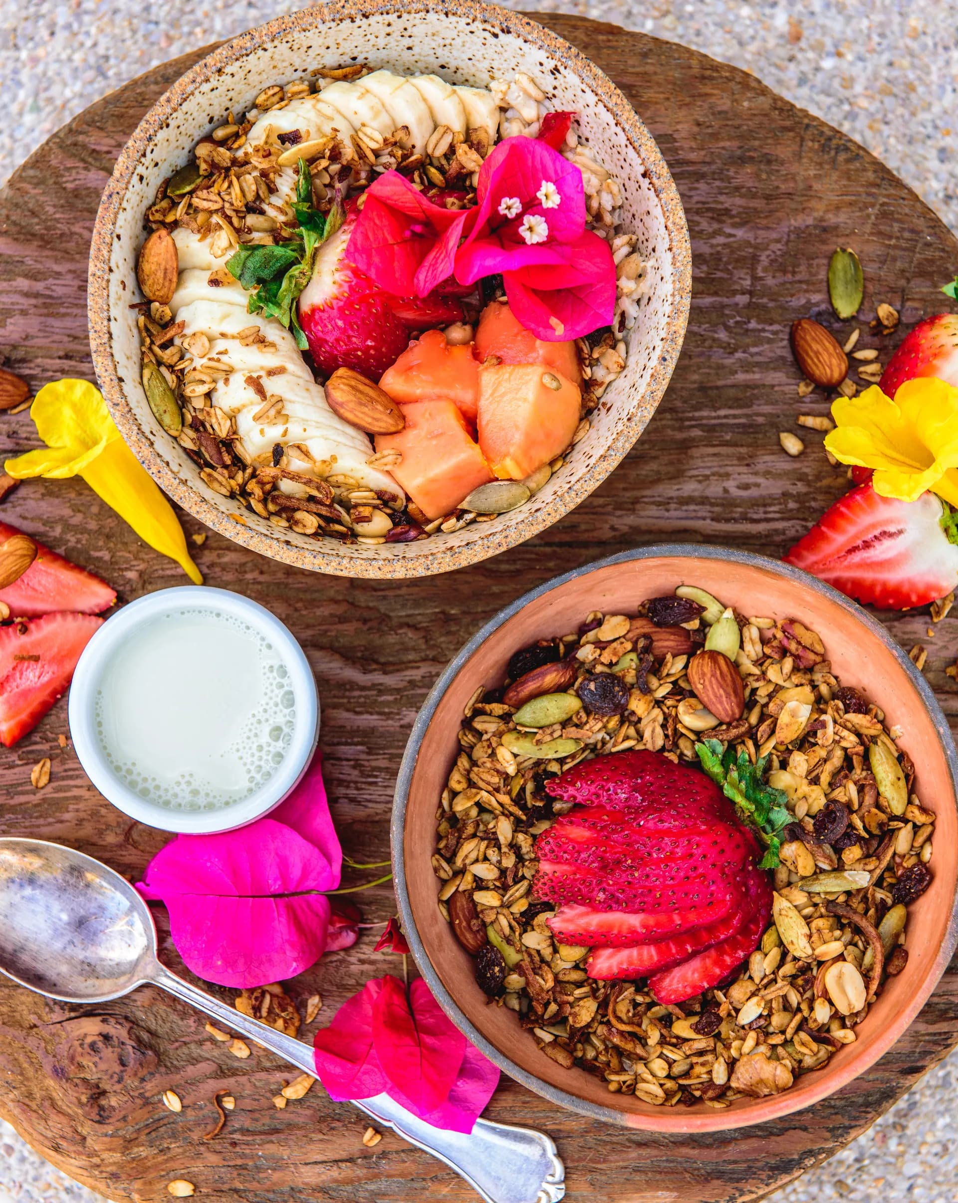 Fruit and granola bowls with fresh flowers, a breakfast at the Ceremonia Baja retreat